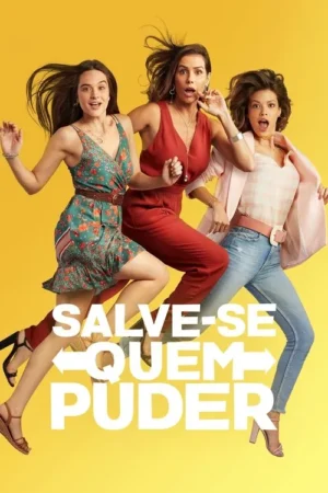 Três mulheres com expressões surpresas e alegres, correndo ou saltando contra um fundo amarelo vibrante. Cabelos voando, clima dinâmico e cômico.