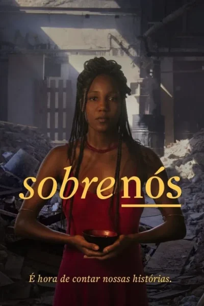 Sobre Nós 6 Mulher negra de tranças, vestido vermelho, segura tigela em ruínas. Expressão séria e luz dramática criam clima de resiliência.