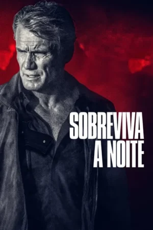 Um homem taciturno e envelhecido com uma arma escondida está em primeiro plano contra um fundo vermelho sangrento e nublado. A atmosfera é sombria e tensa.