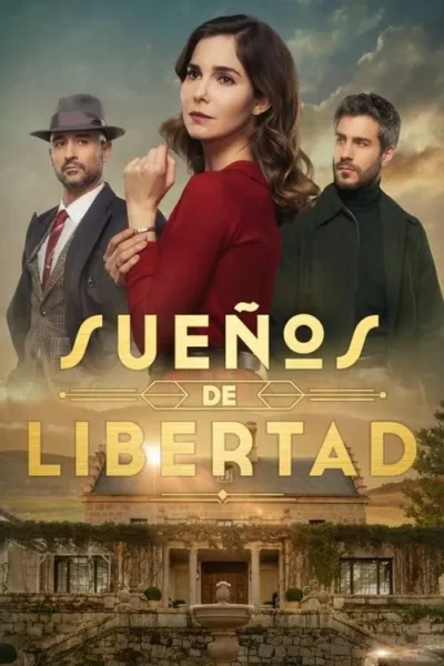 Uma mulher em um vestido vermelho está entre dois homens. Ao fundo, uma grande mansão é visível no pôr do sol. O clima parece misterioso e dramático.