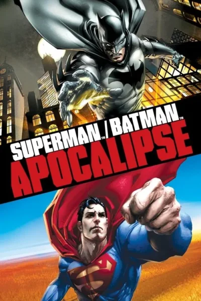 Superman & Batman: Apocalipse 6 Pôster dividido. Acima, Batman sombrio salta sobre cidade noturna com energia na mão. Abaixo, Superman heroico voa sobre campos ensolarados.