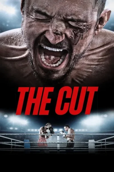 Close-up de um boxeador machucado e gritando, sobre uma cena de luta no ringue.