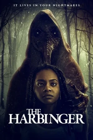 Uma mulher jovem, com tranças, está em primeiro plano, com um monstro mascarado e ameaçador atrás dela. A cena é uma floresta nevada, escura e sombria.