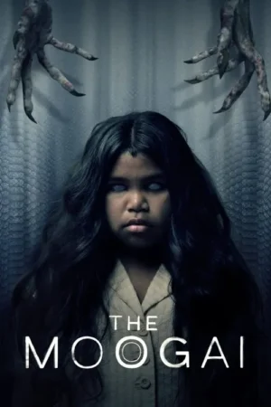 Pôster de terror: Menina com olhos brancos, cabelo escuro e olhar fixo. Mãos monstruosas com garras descem num fundo sombrio.