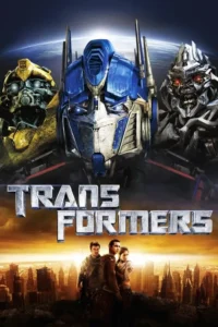 Três Transformers gigantes—um azul,um amarelo e um roxo—estão acima de três humanos em um cenário urbano em ruínas ao pôr do sol. Há um clima sombrio e dramático.