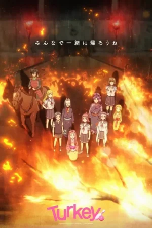 Um grupo de meninas em uniforme escolar está cercado por chamas, em um ambiente chuvoso, com um cavaleiro em primeiro plano. O clima é dramático e intenso.