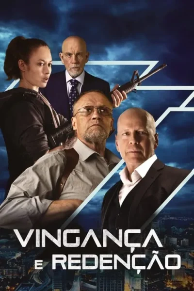 Quatro personagens sérios, incluindo uma mulher e três homens armados, sobre um fundo de céu tempestuoso e cidade à noite. Clima de ação e suspense.