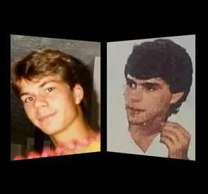 Claro, aqui está um texto alternativo para a imagem fornecida: Duas fotos em close de homens jovens, lado a lado, parecendo fotos de identidade ou do livro do ano. O clima é sombrio e misterioso.