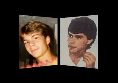 Claro, aqui está um texto alternativo para a imagem fornecida: Duas fotos em close de homens jovens, lado a lado, parecendo fotos de identidade ou do livro do ano. O clima é sombrio e misterioso.