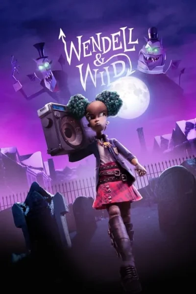 Garota com cabelo verde segura boombox em cemitério. Dois fantasmas sorridentes pairam. Lua cheia e fundo roxo e misterioso.