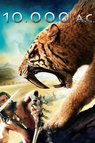 Pôster: Tigre-dente-de-sabre furioso no alto. Homem com arma abaixo, em deserto com pirâmides, rio e barcos. Ação pré-histórica.