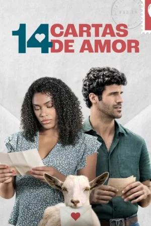 Pôster: Mulher e homem sérios seguram cartas. Uma cabra fofa segura uma carta com um coração. Fundo claro e rústico, sugerindo romance.