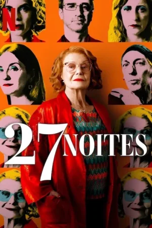 Pôster vibrante com mulher idosa confiante em casaco vermelho no centro. Retratos pop art de diversas pessoas a cercam num fundo laranja.