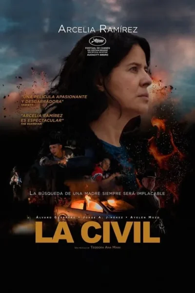 Mulher séria de perfil em destaque. Abaixo, cenas de conflito com homens, armas e um carro em chamas. Céu escuro e clima tenso.