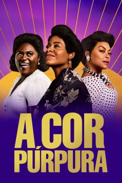 Três mulheres negras em primeiro plano: uma sorridente, outra olhando para cima, e uma com olhar sério. Fundo roxo com raios dourados.