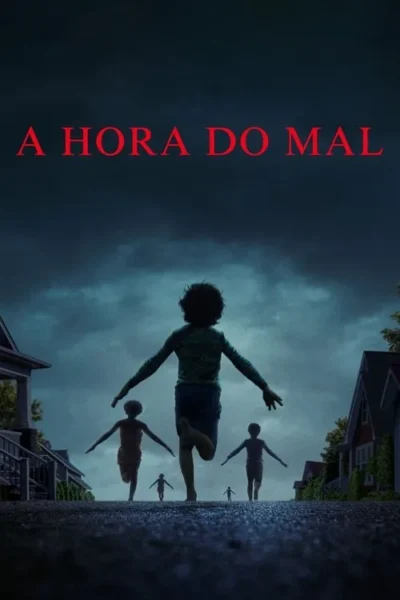 Silhuetas de crianças correm por rua suburbana escura sob céu nublado. Casas ao redor. Atmosfera sombria e misteriosa.