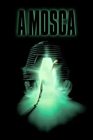 Máquina futurista brilha verde, de onde emergem um braço humano e um membro insetoide grotesco. Fumaça esverdeada cobre o chão. Clima sombrio.