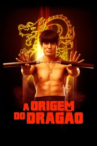 Homem asiático musculoso sem camisa, com nunchakus e expressão séria. Dragão chinês dourado neon e luzes vermelhas no fundo escuro.