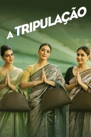 Três mulheres sorridentes em sarees indianos, com as mãos em namaste e bolsas escuras à frente. Fundo verde claro. Clima acolhedor.