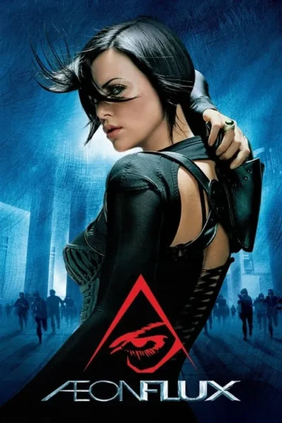 Mulher de cabelo curto preto e roupa tática escura, olhando por cima do ombro. Fundo azul de cidade futurista com silhuetas. Clima sci-fi de ação.