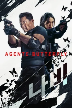 Pôster: Um homem e uma mulher em trajes táticos apontam armas. Fundo branco e preto abstrato com borboletas esvoaçantes, clima de ação e suspense.