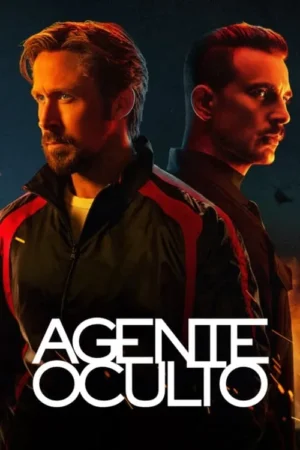 Pôster com dois homens de perfil, faces iluminadas em laranja. Um loiro de jaqueta preta/vermelha e outro de bigode e camisa escura. Clima tenso.