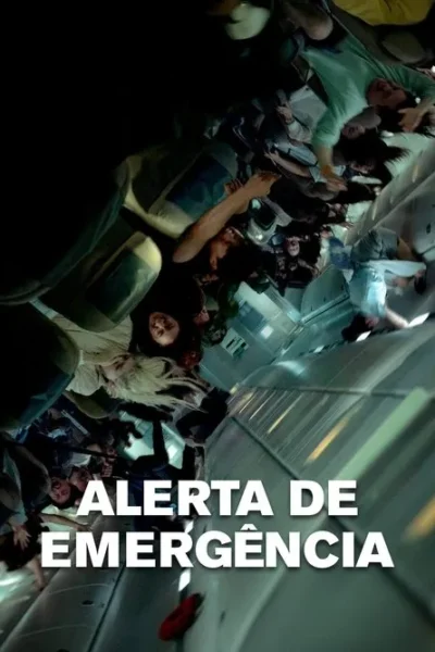 Pessoas flutuando em pânico dentro de uma cabine de avião virada. Cenário caótico e escuro de um desastre aéreo.