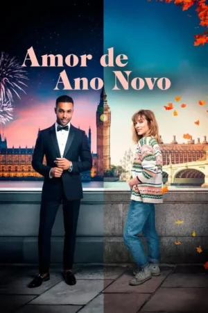 Pôster de Londres dividido: à esquerda, um homem de smoking sorri sob fogos; à direita, uma mulher de suéter sorri entre folhas de outono.