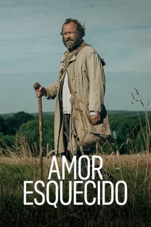 Homem barbudo e desalinhado com casaco bege e cajado, parado em um campo gramado com floresta e céu nublado ao fundo. Clima rural.
