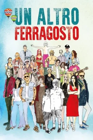 Pôster ilustrado com grande grupo diverso de personagens de todas as idades. Balões de ar quente no céu azul. Clima de festa.