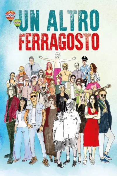 Pôster ilustrado com grande grupo diverso de personagens de todas as idades. Balões de ar quente no céu azul. Clima de festa.