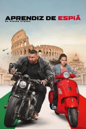 Homem sério em moto e menina determinada em scooter vermelha correm em Roma, com Coliseu e helicópteros ao fundo. Aventura.