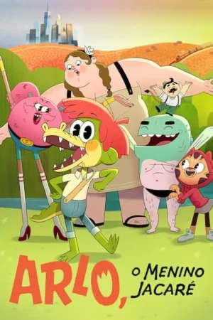 Pôster animado: Jacaré verde feliz lidera grupo excêntrico de amigos. Inclui mulher grande, criatura rosa. Cenário campestre vibrante com cidade.
