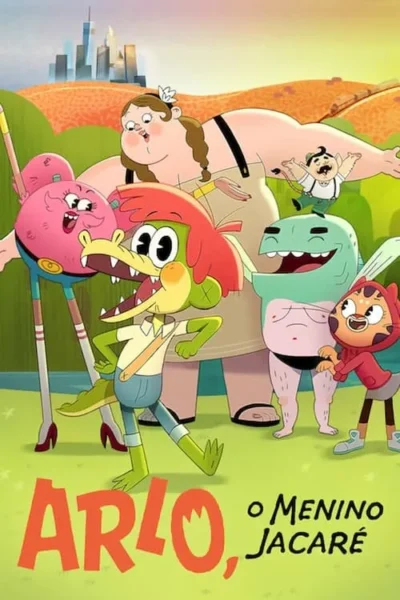 Pôster animado: Jacaré verde feliz lidera grupo excêntrico de amigos. Inclui mulher grande, criatura rosa. Cenário campestre vibrante com cidade.