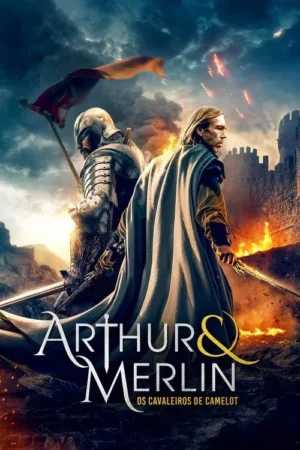 Dois guerreiros medievais, um cavaleiro e um homem de capa com espada, contra um castelo em chamas e céu escuro.