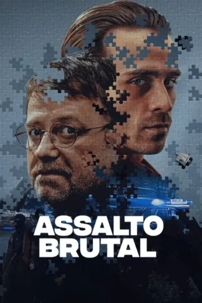 Pôster com dois homens, jovem e mais velho, rostos formados por peças de quebra-cabeça. Fundo com carro de polícia e figura mascarada. Mistério e crime.