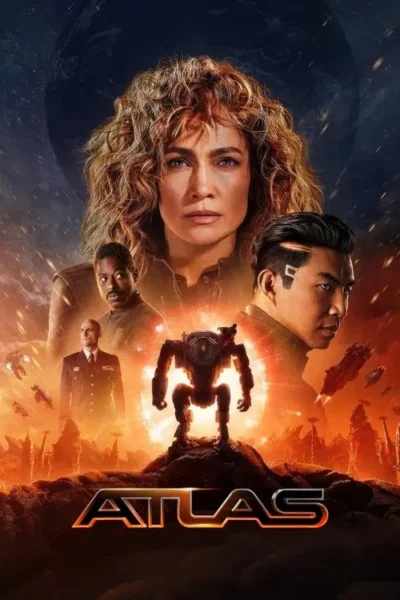 Mulher séria, 3 personagens e robô gigante. Cenário futurista laranja com naves espaciais e planeta. Ficção científica.