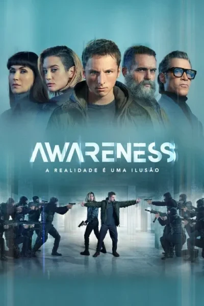 Pôster com 5 personagens sérios em tons azuis, um jovem central. Dois heróis enfrentam agentes armados em cena tensa.