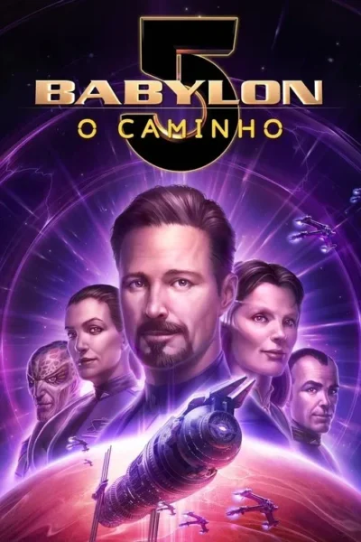 Pôster de ficção científica. Cinco personagens (quatro humanos, um alien) em primeiro plano. Naves e um planeta ao fundo roxo.