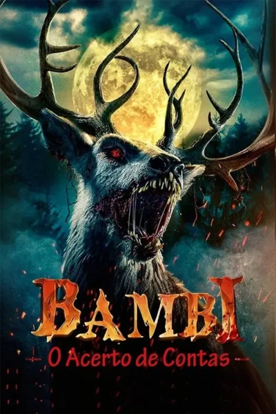 Pôster de filme de terror: um cervo monstruoso com olhos vermelhos e boca aberta cheia de presas, sob uma lua cheia em uma floresta escura. Clima assustador.