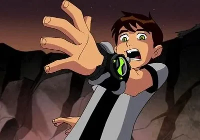 Menino animado com dispositivo verde no pulso esquerdo estende a mão, com rosto assustado, em um fundo escuro e sombrio.