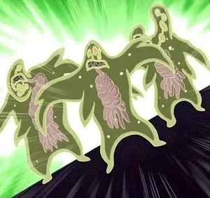 Três figuras alienígenas verdes e translúcidas com órgãos expostos e expressões de pânico brilham contra fundo verde e preto.