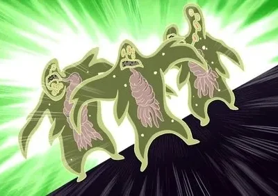 Três figuras alienígenas verdes e translúcidas com órgãos expostos e expressões de pânico brilham contra fundo verde e preto.