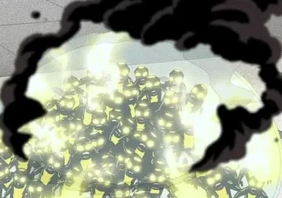 Robôs escuros com luzes amarelas, confinados em esfera de energia amarela. Fumaça preta e densa emerge ao redor.