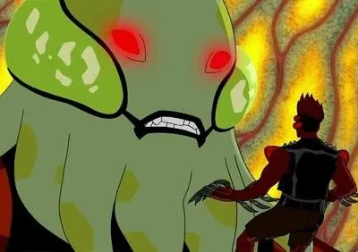 Monstro verde gigante de olhos vermelhos encarando um guerreiro vermelho com colete escuro. Fundo abstrato laranja e amarelo.