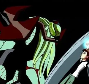 Menino com punho brilhante confronta alienígena verde-avermelhado em nave escura. Ação e tecnologia.