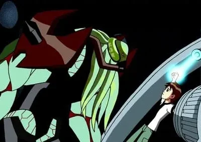 Menino com punho brilhante confronta alienígena verde-avermelhado em nave escura. Ação e tecnologia.