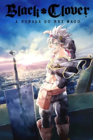Jovem anime musculoso com cabelo branco e sorriso confiante, ao lado de uma espada enorme. Fundo de cidade em ruínas e céu dramático.
