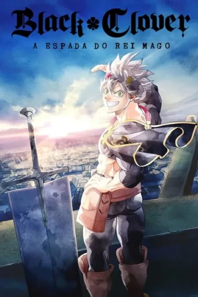 Jovem anime musculoso com cabelo branco e sorriso confiante, ao lado de uma espada enorme. Fundo de cidade em ruínas e céu dramático.