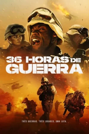 Pôster intenso de guerra. Soldados com expressões sérias e gritando. Outros em combate com armas, rodeados por fogo e poeira. Clima caótico.
